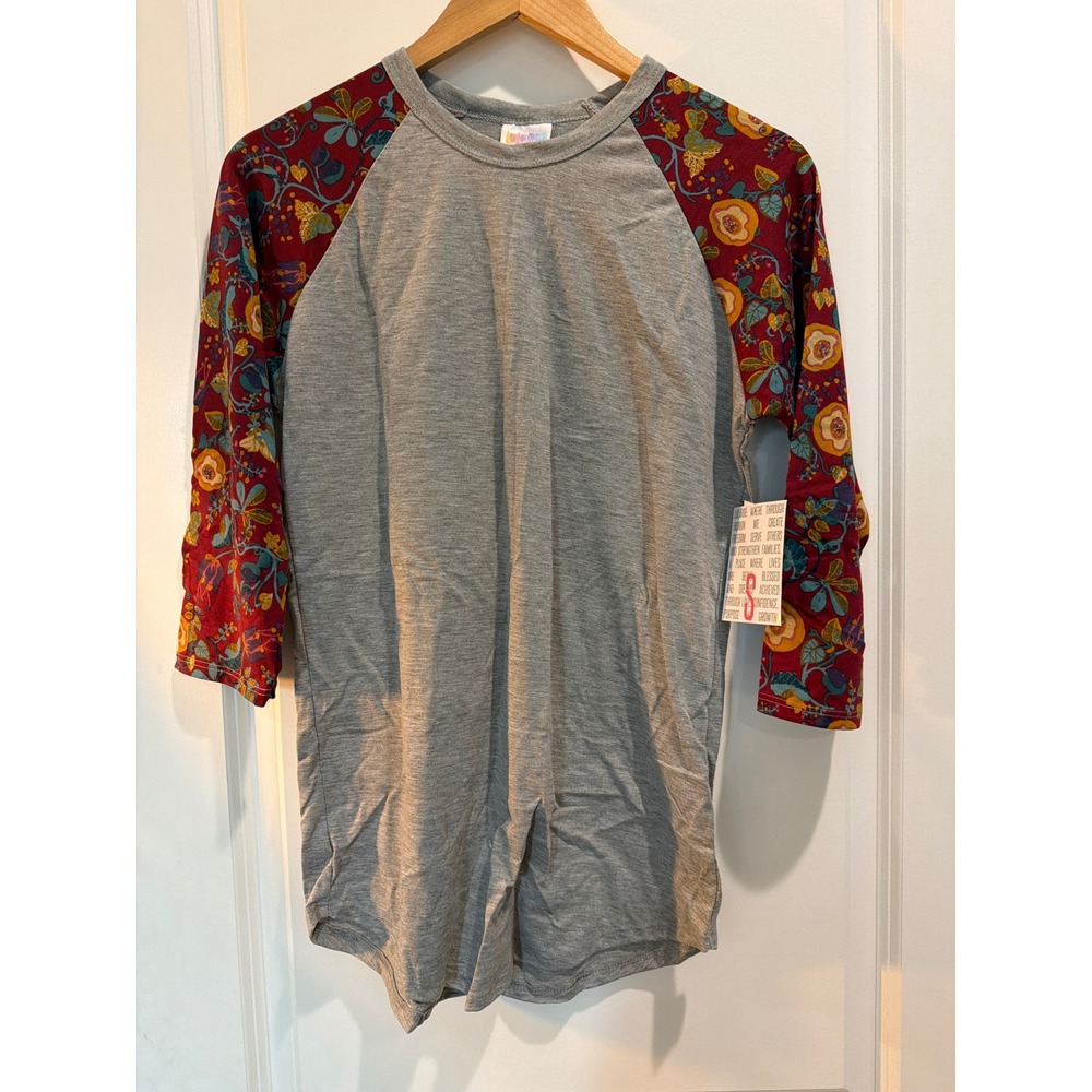 LuLaRoe Randy Baseball Tee Small NWT Grey Burgundy Floral 3/4 Sleeve Raglan Top